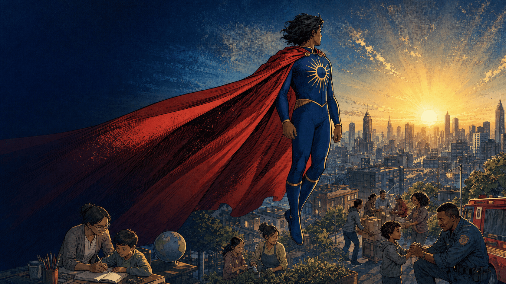 An original comic-book illustration of a caped guardian watching a city awaken as teachers, neighbors and first responders help others