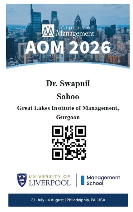 Swapnil Sahoo's AOM 2026 conference badge, Great Lakes Institute of Management, Gurgaon