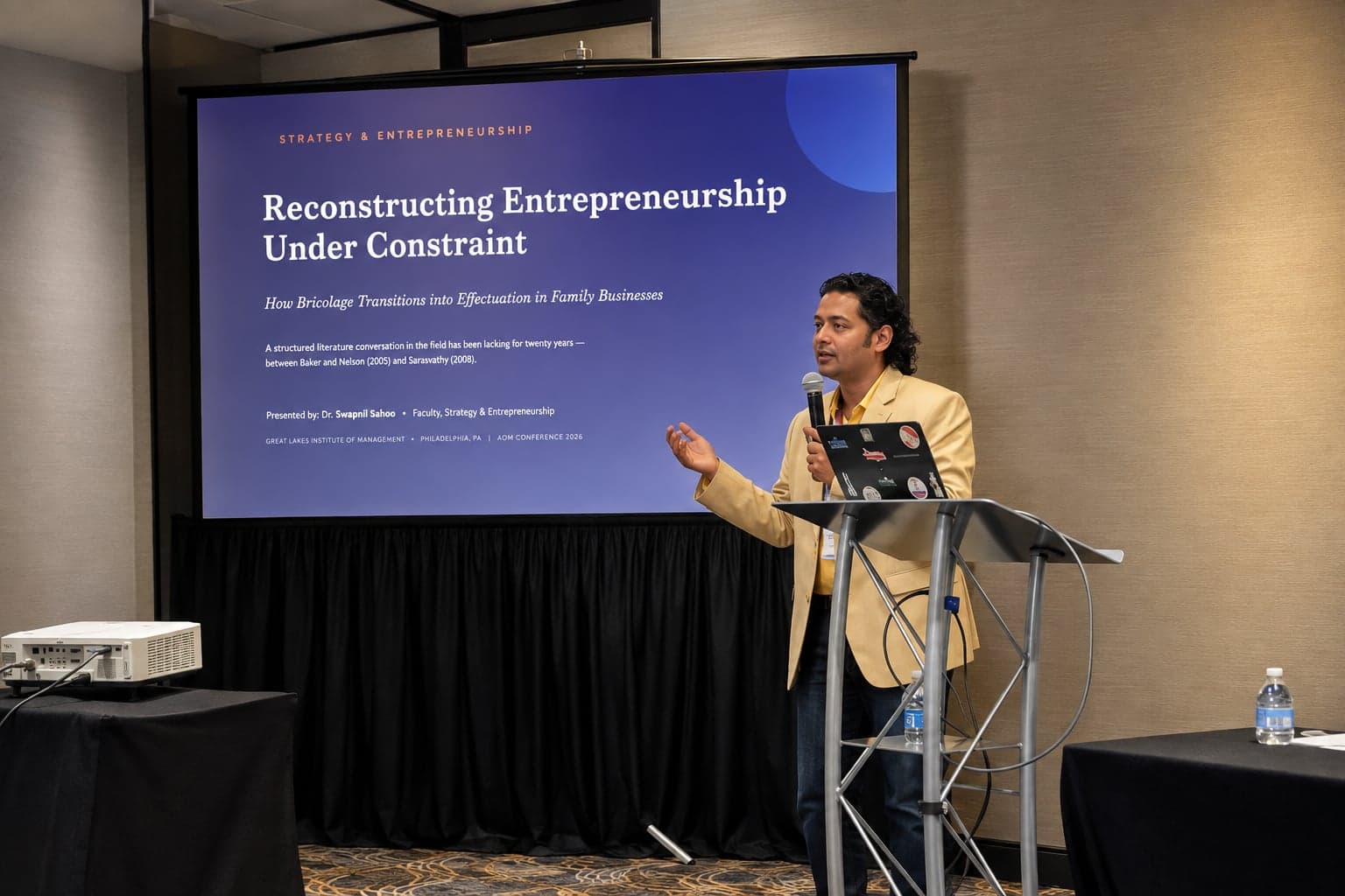 Swapnil Sahoo presenting Reconstructing Entrepreneurship Under Constraint at AOM 2026 in Philadelphia