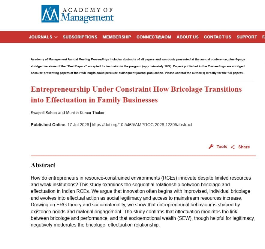 Academy of Management Proceedings abstract page for 'Entrepreneurship Under Constraint: How Bricolage Transitions into Effectuation in Family Businesses'