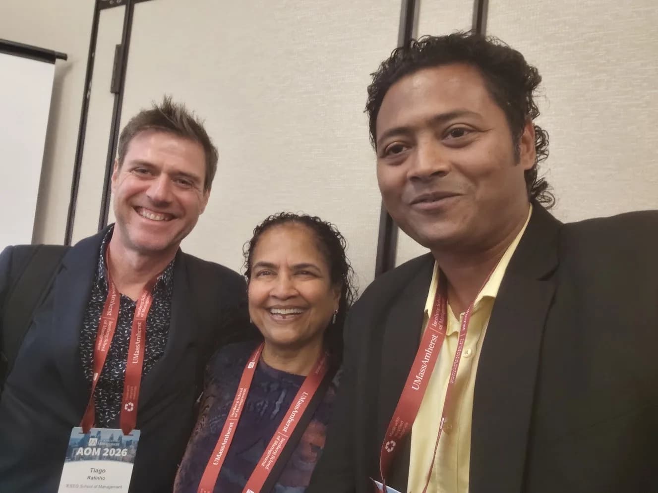 Swapnil Sahoo with Prof. Saras Sarasvathy and Tiago Ratinho at AOM 2026 in Philadelphia