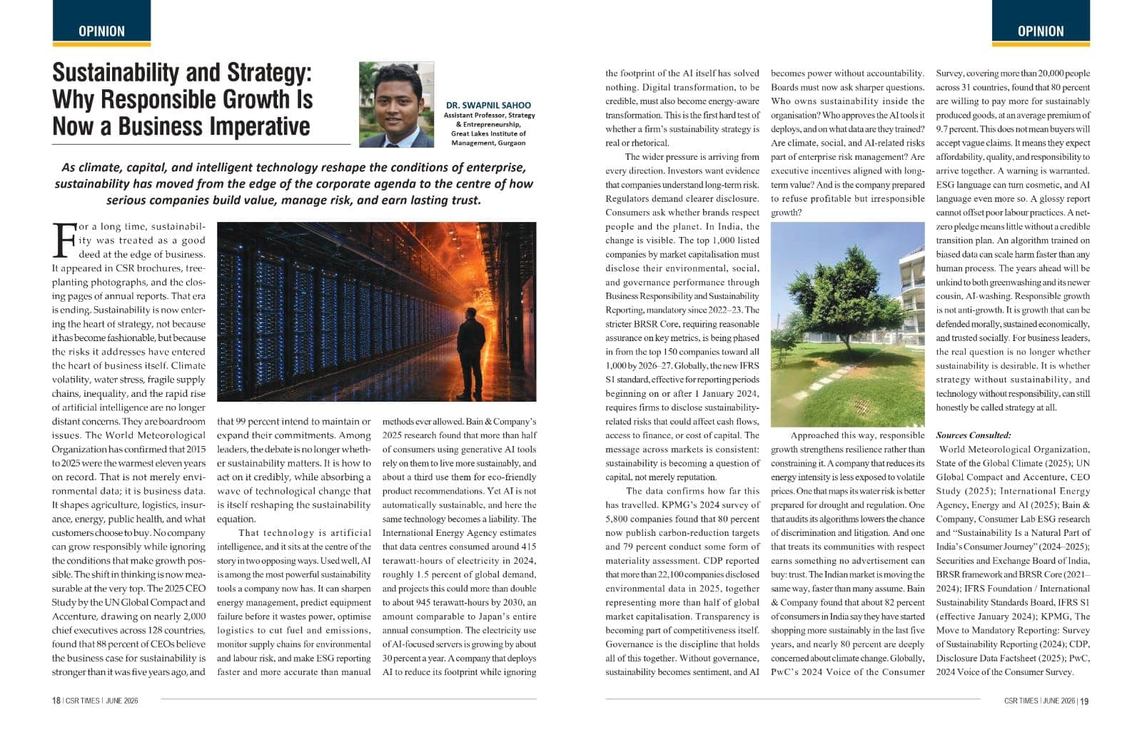 CSR Times magazine spread of 'Sustainability and Strategy: Why Responsible Growth Is Now a Business Imperative' by Dr. Swapnil Sahoo
