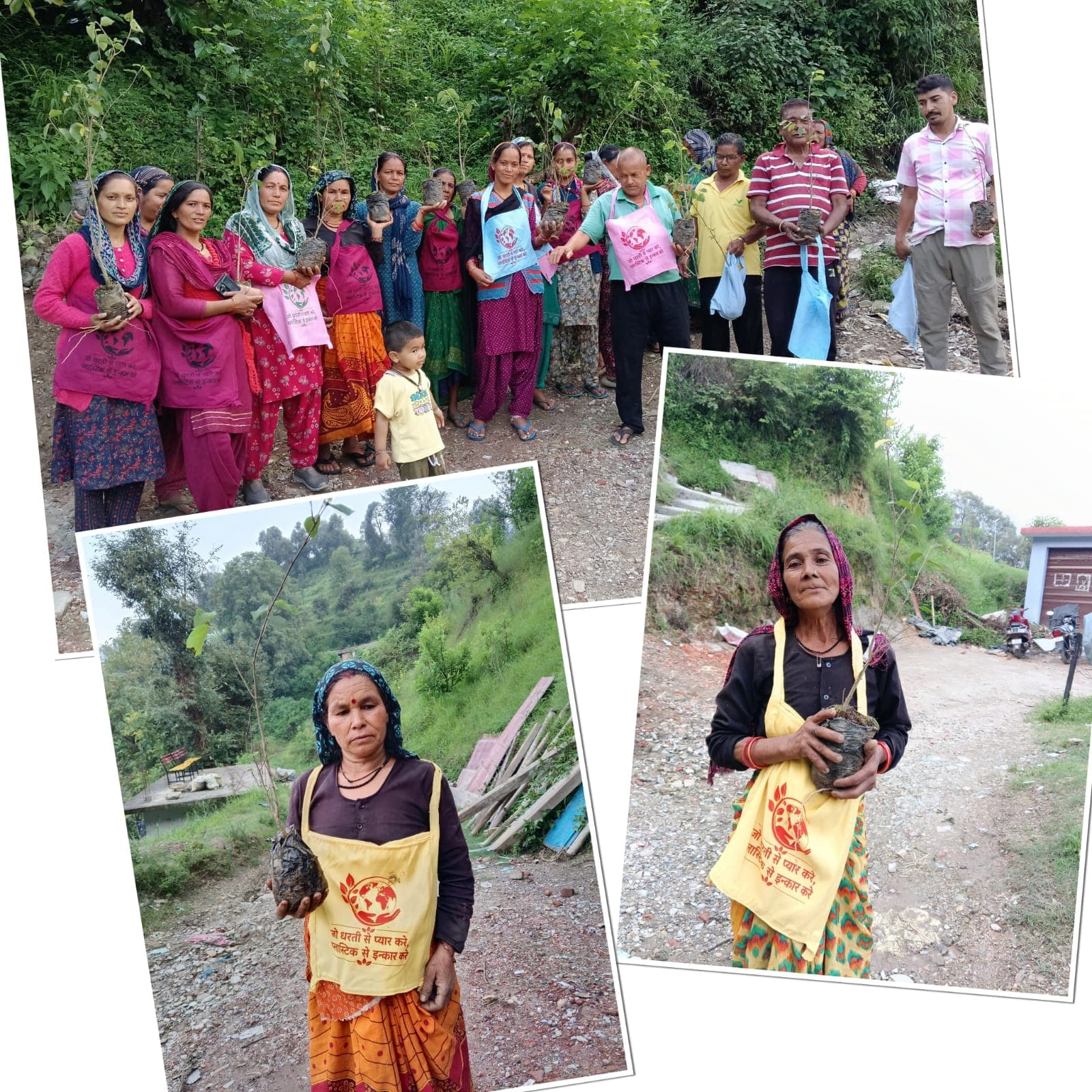 Residents of Salinga and Mehalchauri holding saplings and repurposed cloth carry bags
