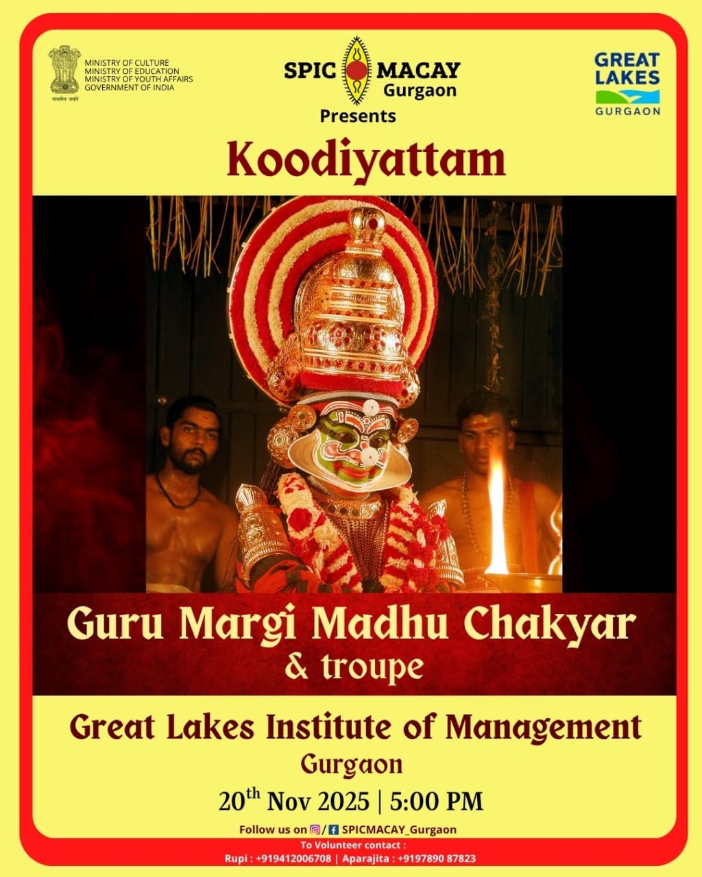 Official event poster for a SPIC MACAY Koodiyattam classical performance at Great Lakes Institute of Management, Gurgaon