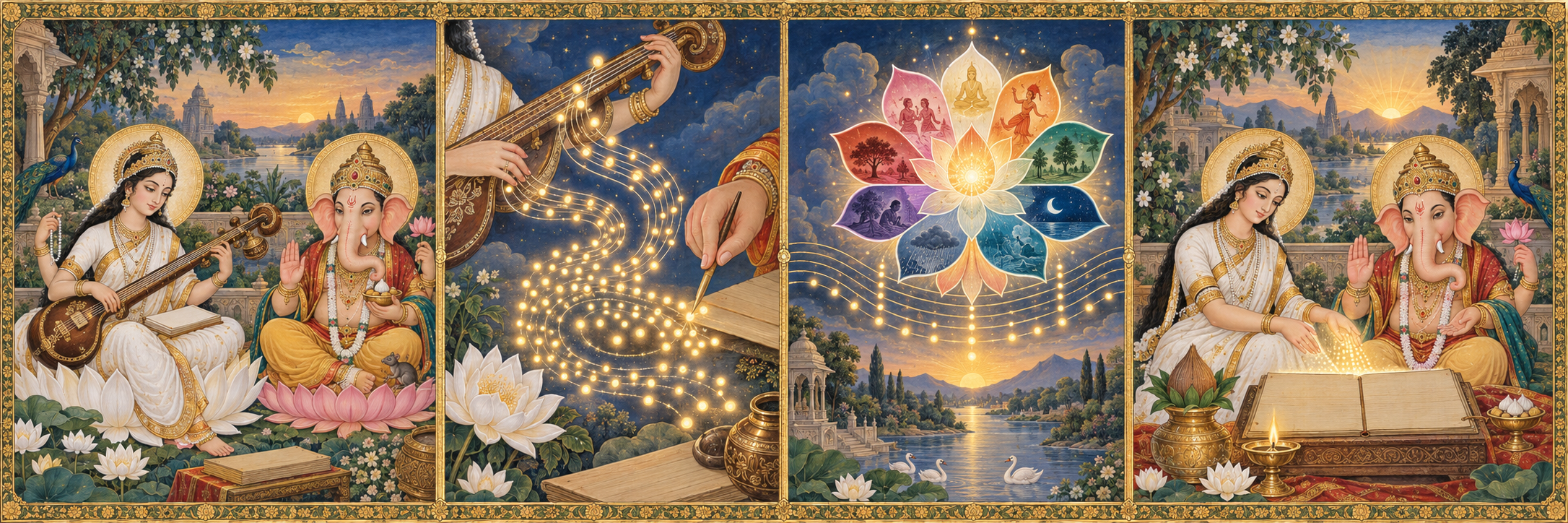 Four painted panels show Sarasvati and Ganesha, points of sound gathering into meaning, a many-hued lotus suggesting poetic sentiment and metre, and the two deities blessing a blank manuscript.