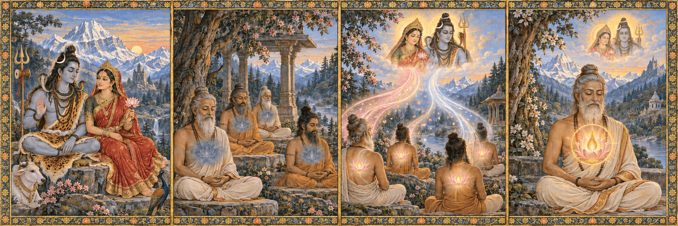Four painted panels show Bhavani and Shankara at Kailasa, accomplished sages whose heart-lotuses remain veiled, complementary streams of light opening those lotuses, and an inward flame becoming visible.
