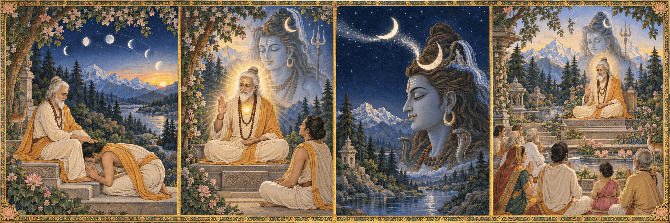 Four painted panels show a seeker revering a guru through the turning phases of the moon, the guru illumined by Shiva's presence, the crescent moon sheltered in Shiva's matted locks, and a gathered community receiving the guru's blessing.
