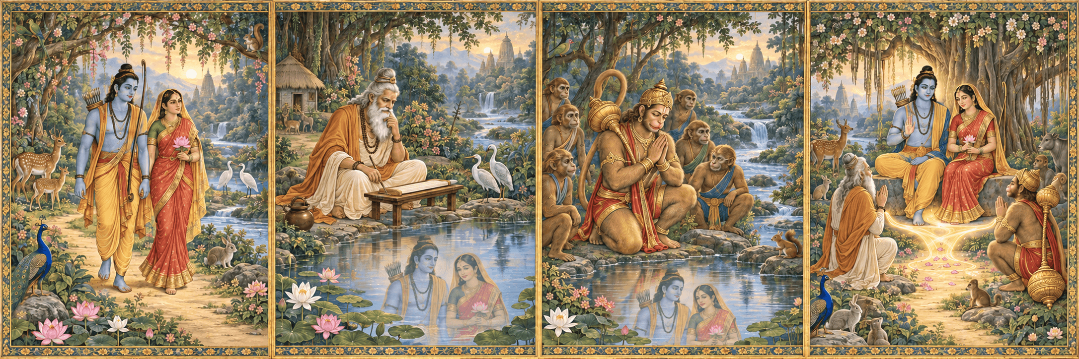 Four painted panels show Sita and Rama walking through a sacred forest, Valmiki contemplating their reflection beside a blank manuscript, Hanuman praying among the vanaras, and both devotees bowing before Sita and Rama.