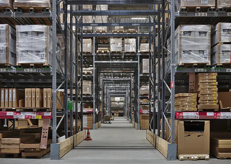 Tall racks of flat-pack boxes in IKEA's self-service warehouse in Anderlecht.