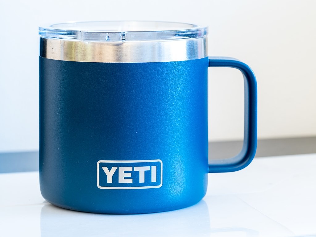 A blue Yeti brand mug
